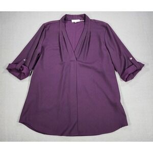 Calvin Klein Purple Roll Tab Pleated V Neck Blouse 3/4 Sleeve Office Medium Chic